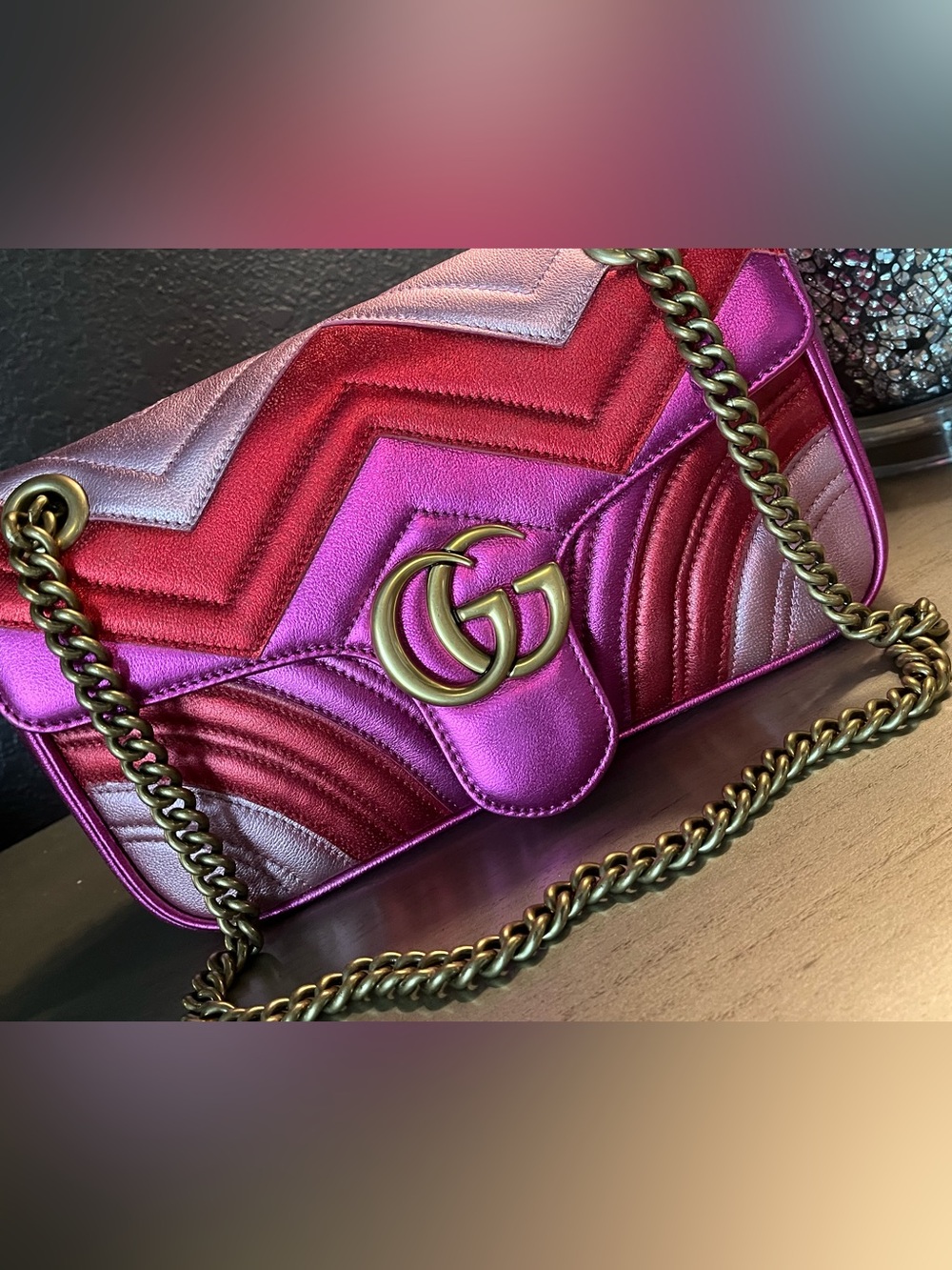 Gucci Chevron Shoulder Bag in Pink, Red & Purple - Picture 3 of 17